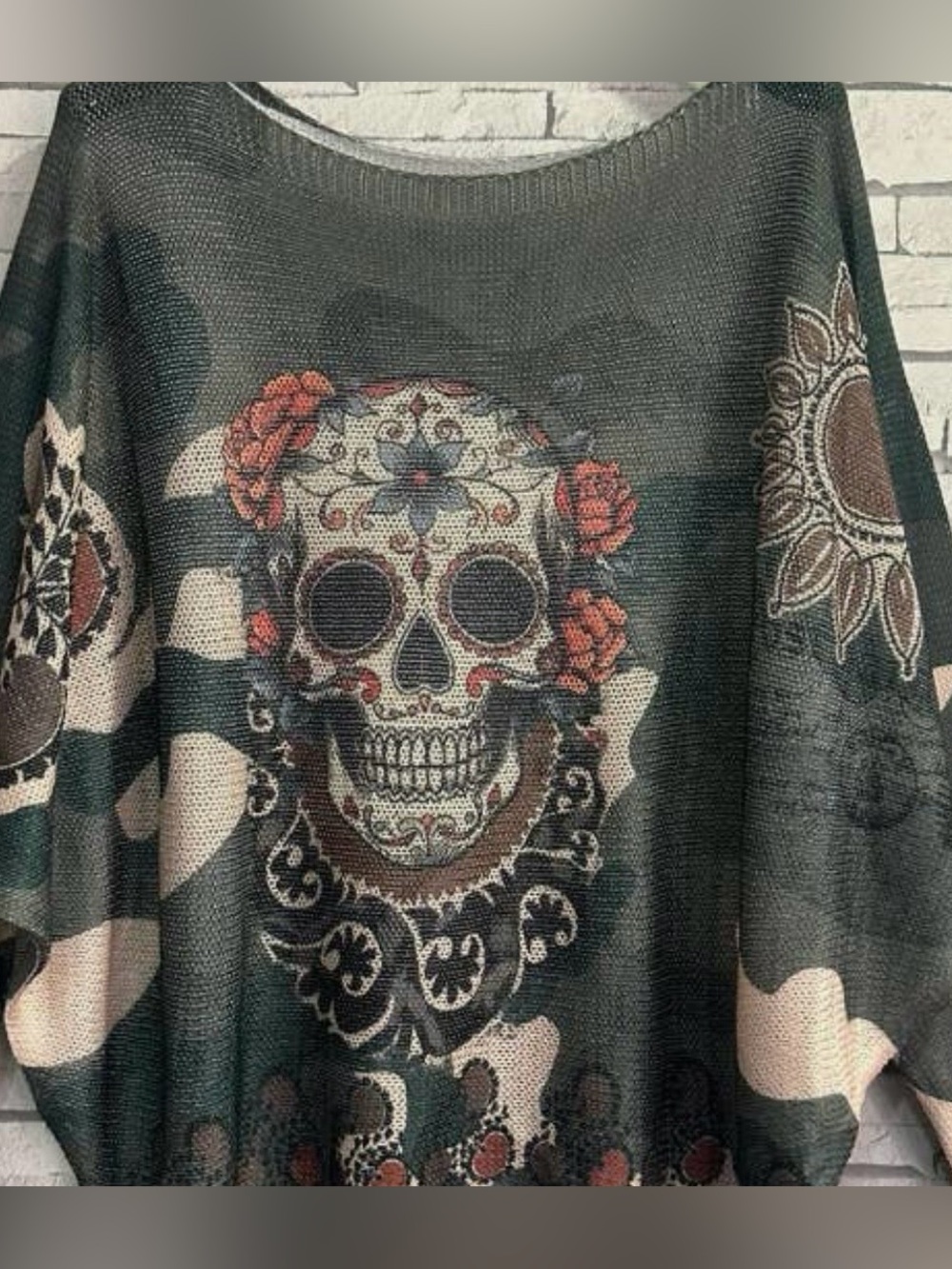 One Size Olive Skull Printed Sweater